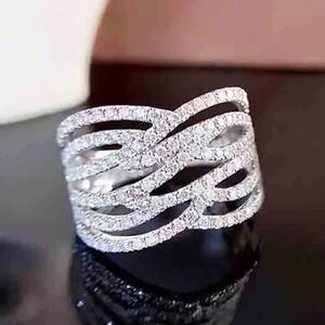 Rhodium-Plated Cubic Zirconia Criss-Cross Wide Band Cocktail Ring